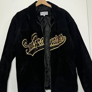 Vintage Black Suede "San Francisco" Leather Jacket 90s Style Embroidered Zip-Up